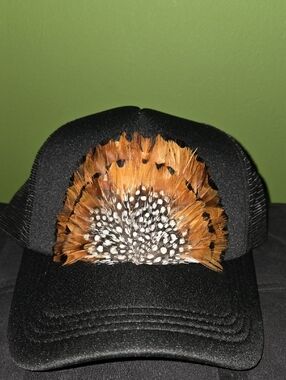 NEW Custom Made Black Trucker Hat with Decorative Brown & White Feather Patch
